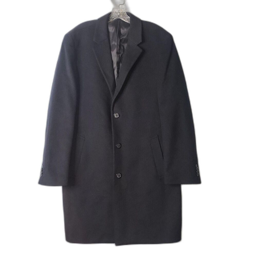 Kenneth Cole New York Coat Mens Large Black Wool Blend Overcoat 3 Button Lined